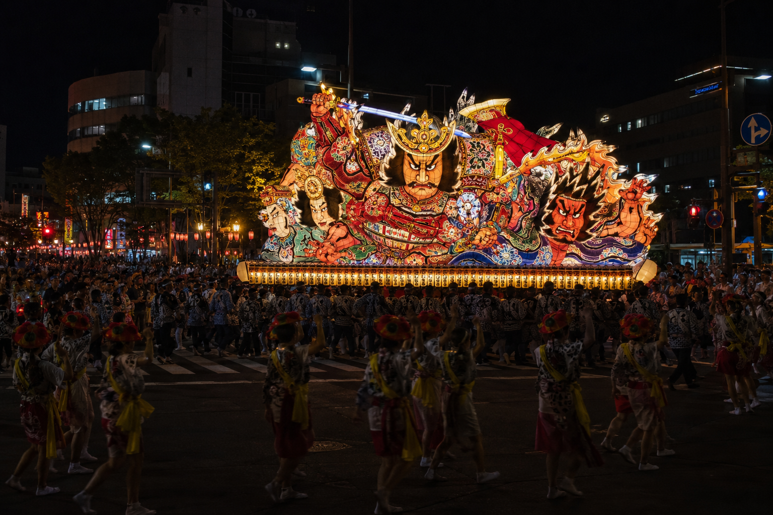 夜の青森市街で内側から光る巨大な武者の大型ねぶたを曳き手が曳き回し周囲で跳人が跳ねる青森ねぶた祭