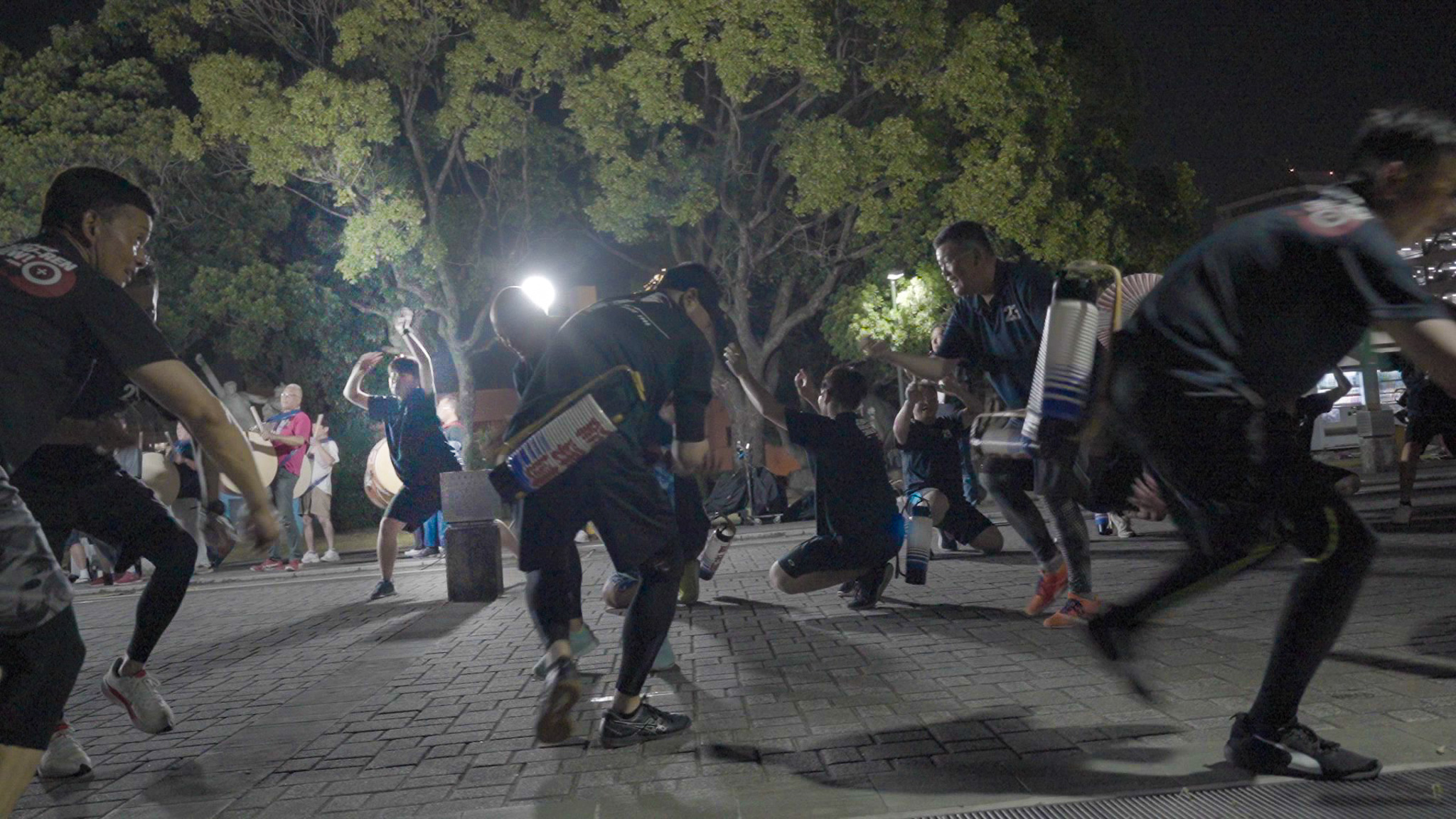 糸を引く先頭の後ろに男踊りが連なる阿呆連の奴凧
